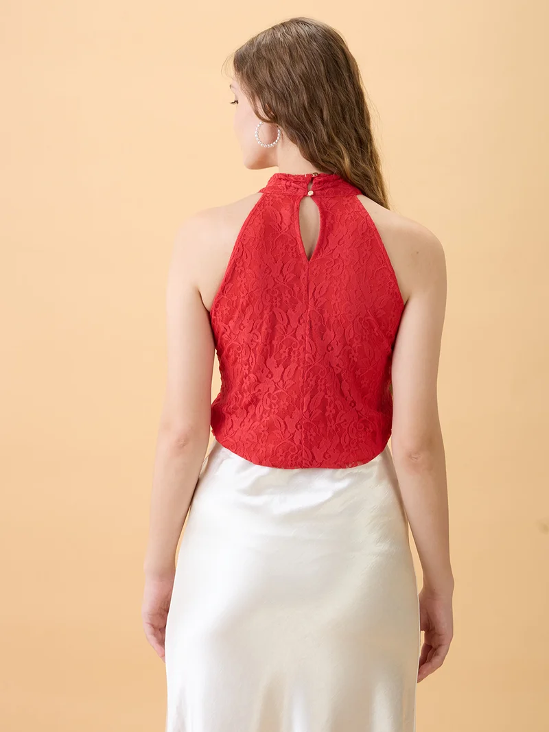 globus Women Red Floral Lace Detail Self Design Halter Neck Sleeveless Party Top
