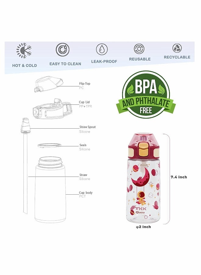 Kids Water Bottle with Straw, 450ML Water Bottle with Measurement Handle BPA-Free for School, Children's Suction Nozzle Plastic Scale Cup Portable Pop Up Cover Learning Drinking Straw Cup (Red)