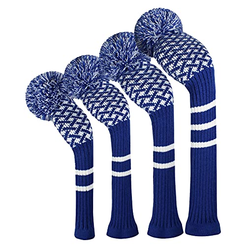 Scott Edward Personalized Knit Golf Club Covers 4 Counts for Woods and Driver Fit Max Drivers Fairways Hybrids/Utility Big Pom Pom Customized Patterns Decorate Golf Bags (Blue Reticulated) - Image 1