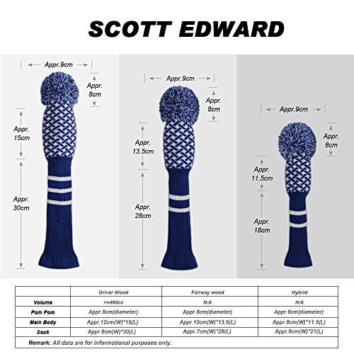 Scott Edward Personalized Knit Golf Club Covers 4 Counts for Woods and Driver Fit Max Drivers Fairways Hybrids/Utility Big Pom Pom Customized Patterns Decorate Golf Bags (Blue Reticulated) - Image 3