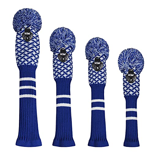 Scott Edward Personalized Knit Golf Club Covers 4 Counts for Woods and Driver Fit Max Drivers Fairways Hybrids/Utility Big Pom Pom Customized Patterns Decorate Golf Bags (Blue Reticulated) - Image 2