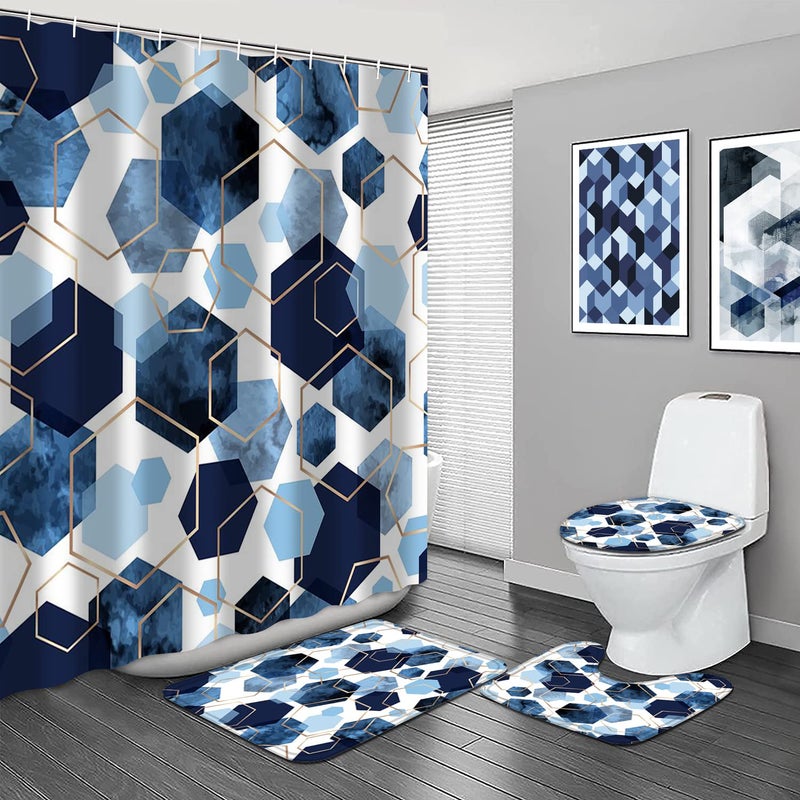 LQCOOL مجموعة حمام LQCOOL 4 قطع باللون الأزرق - مجموعة ستارة دش هندسية، ستارة دش فن حديث للحمام مع 12 خطاف، سجادة حمام وسجادة مرحاض - Image 2