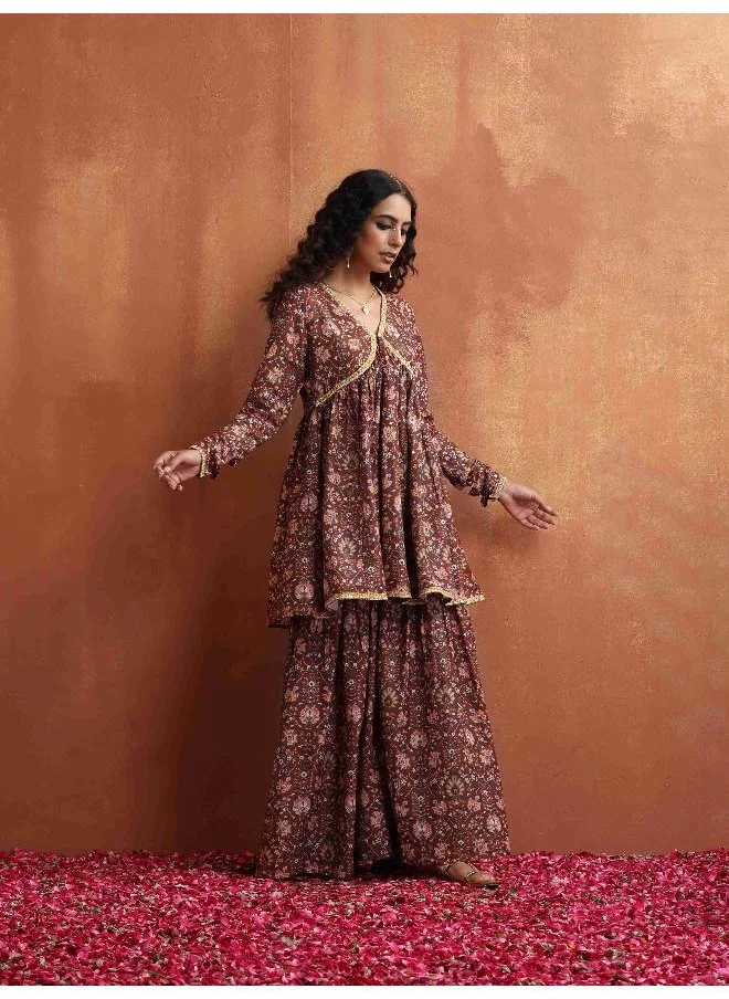 trueBrowns Brown Print Sharara Set