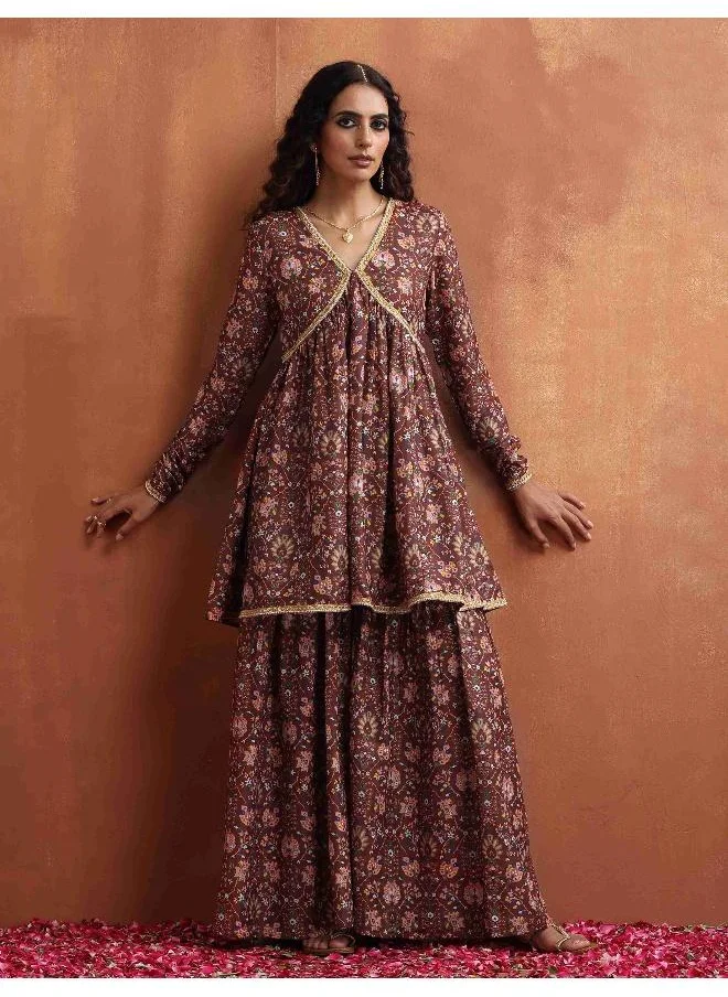 trueBrowns Brown Print Sharara Set
