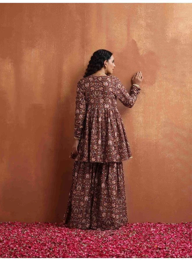 trueBrowns Brown Print Sharara Set