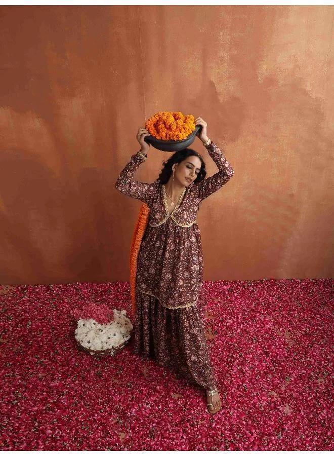 trueBrowns Brown Print Sharara Set