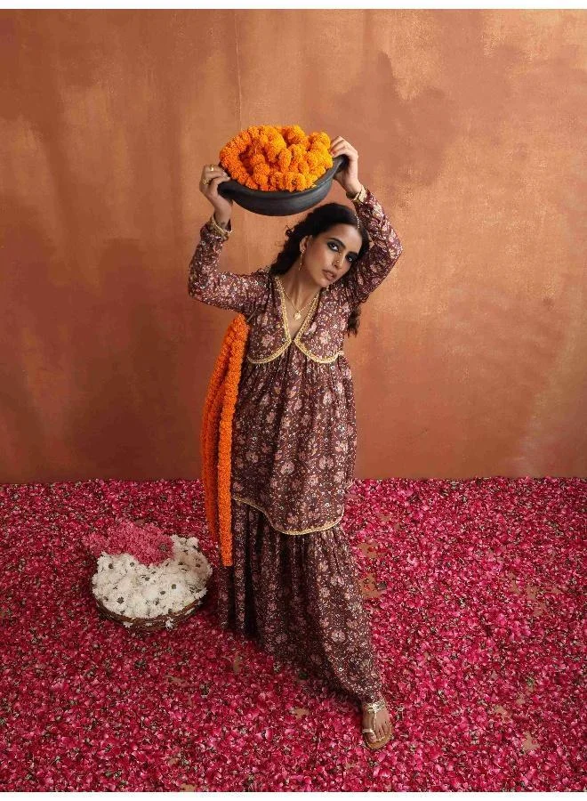 trueBrowns Brown Print Sharara Set