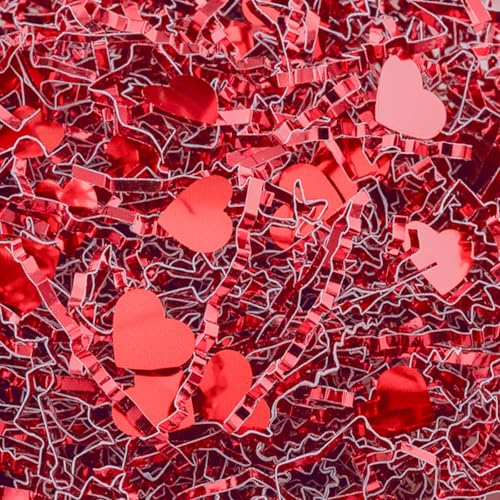 Jocomoni 1LB Valentine's Day Crinkle Cut Paper Shred Filler, Metallic Red Crinkle Cut Paper with Heart Confetti Shredded Paper Filler for Gift Wrapping Craft DIY Packaging Filling Party Supply