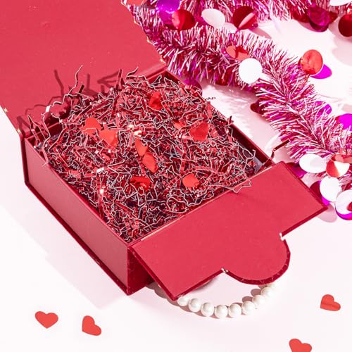 Jocomoni 1LB Valentine's Day Crinkle Cut Paper Shred Filler, Metallic Red Crinkle Cut Paper with Heart Confetti Shredded Paper Filler for Gift Wrapping Craft DIY Packaging Filling Party Supply - Image 4