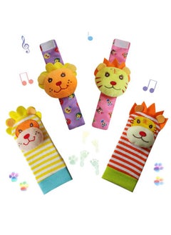 URUTOREO Baby Rattle,URUTOREO Baby Wrist Rattle and Foot Rattles Finder Socks Set, Developmental Soft Animal Rattles Tiger and Lion Socks Toys Infant Baby Toys (4 Pcs)  - Image 1
