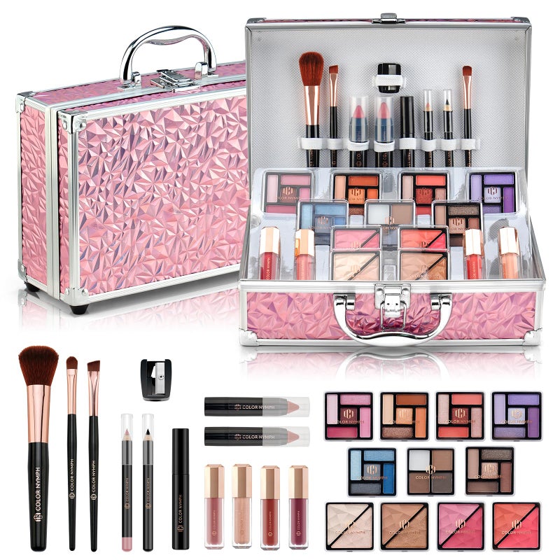 Color Nymph Starter Makeup Kit for Tweens Girls, Train Case for Women Full Kit with Eye Shadow, Lipstick, Blush, Brushes, Lipgloss, Mascara, Brow Wax and Mirror Pink Full Starter Cosmetics Set - Image 1