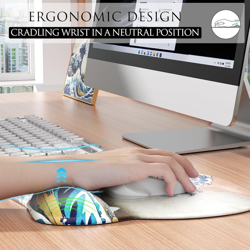 MROCO Ergonomic Mouse Pad with Gel Wrist Rest, Comfortable Mousepad with Smooth Wrist Support Surface and Non-Slip PU Base for Pain Relief, Computer, Laptop, Office & Home, 9.4 x 8.1 in, Great Wave - Image 4