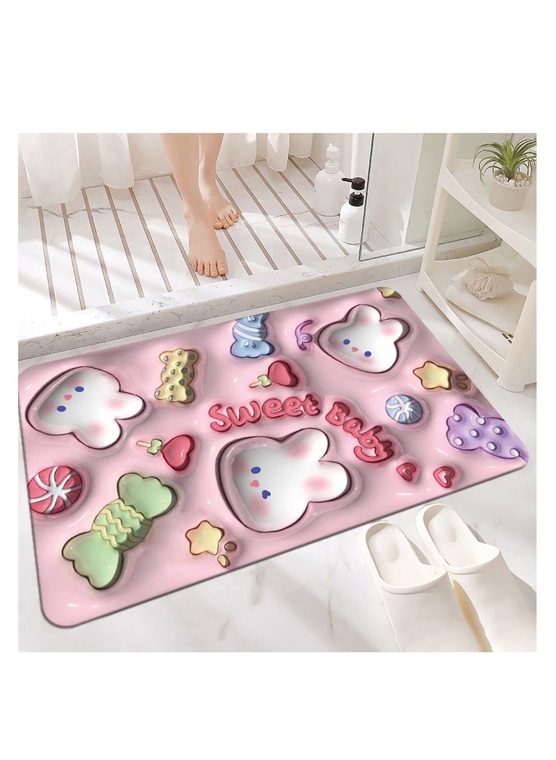 hiwonka 3D Bath Floral Rugs Mat, Non-Slip Quick Dry Soft Diatomaceous Mud Floor Mat, Cute Water Absorbing Floor Mat for Bathroom Shower Sink Bathtub,Cute Rabbit - Image 1