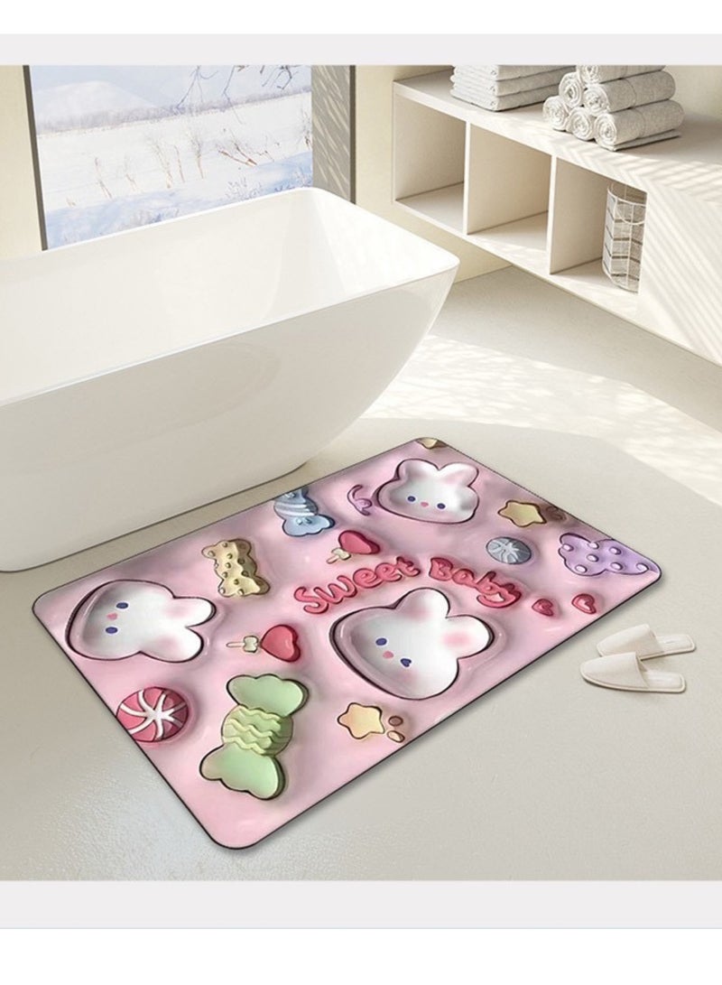 hiwonka 3D Bath Floral Rugs Mat, Non-Slip Quick Dry Soft Diatomaceous Mud Floor Mat, Cute Water Absorbing Floor Mat for Bathroom Shower Sink Bathtub,Cute Rabbit - Image 2