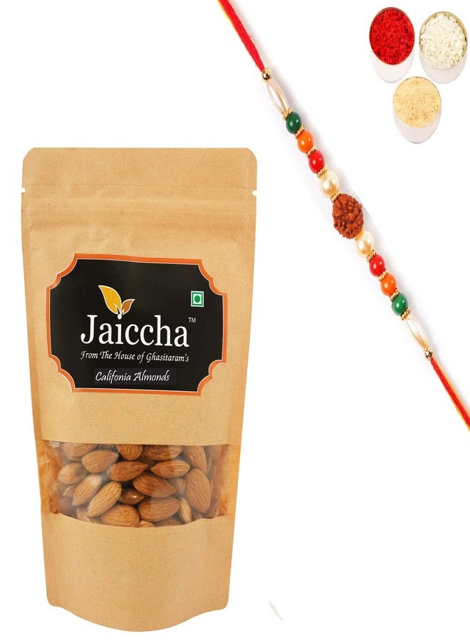 Jaiccha Ghasitaram Rakhi Gifts for Brothers Rakhi Dryfruits - American/ Califonia Almonds 200 GMS in Brown Paper Pouch with Rudraksh Rakhi - Image 1
