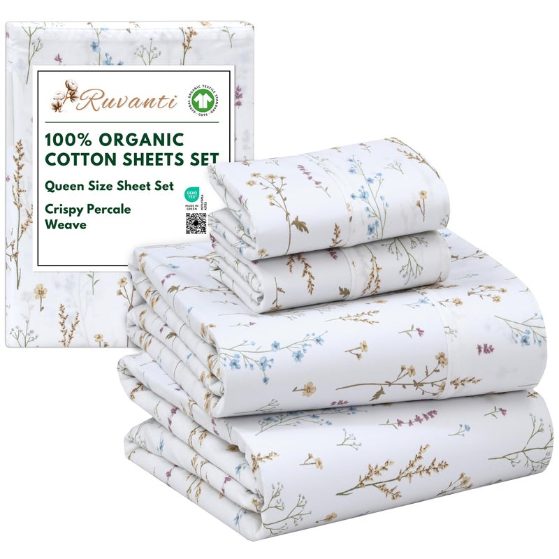 RUVANTI 100% Organic Cotton Sheets Queen Size, Percale Weave, GOTS Certified, 4-Piece Set, Deep Pocket 15", Crisp & Breathable, Soft Durable Bedding, SÃ¡banas AlgodÃ³n OrgÃ¡nico â€“ Field Flower - Image 1