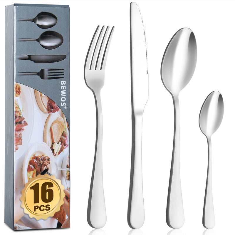 Cutlery Set BEWOS 16 Piece Stainless Steel Matt Silver Flatware Set Tableware Silverware Set with Spoon Knife and Fork Set Service for 4 Dishwasher SafeEasy Clean
