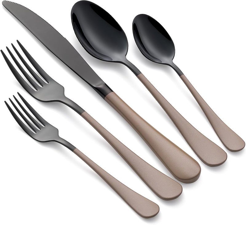 Onlycooker 20Piece Black Silverware Set 180 Stainless Steel Flatware Brown Handle Cutlery Set Service for 4 Dinner Knives Forks Spoons Set Mirror Finish Dishwasher Safe - Image 1