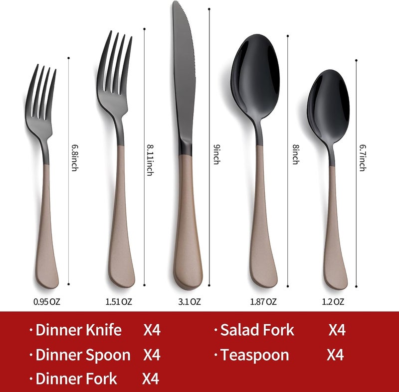 Onlycooker 20Piece Black Silverware Set 180 Stainless Steel Flatware Brown Handle Cutlery Set Service for 4 Dinner Knives Forks Spoons Set Mirror Finish Dishwasher Safe - Image 2