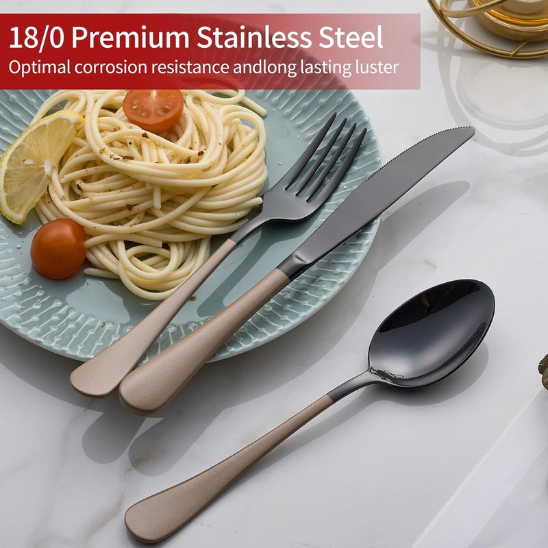 Onlycooker 20Piece Black Silverware Set 180 Stainless Steel Flatware Brown Handle Cutlery Set Service for 4 Dinner Knives Forks Spoons Set Mirror Finish Dishwasher Safe - Image 4