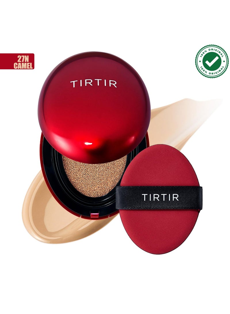 ترتر كريم أساس TIRTIR Mask Fit Red Cushion، تغطية كاملة، خفيف الوزن، ملائم للبشرة، لمسة نهائية لامعة من الساتان، كريم أساس مكياج كوري (#27N Camel، 0.63 أونصة سائلة) - Image 1