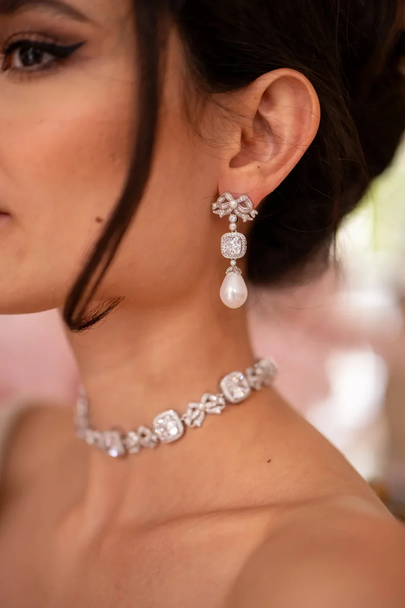 Santinni London Silver Marie Antoinette' Pink Cushion-Cut Crystal and Bow Pink Choker for Women | Best Price UAE