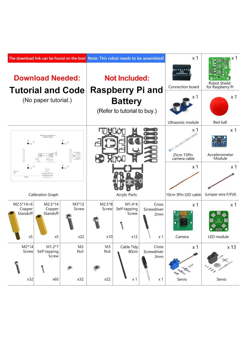 FREENOVE Robot Dog Kit for Raspberry Pi 4 B 3 B+ B A+, Walking, Self Balancing, Ball Tracing, Face Recognition, Ultrasonic Ranging, Camera Servo (Raspberry Pi NOT Included)