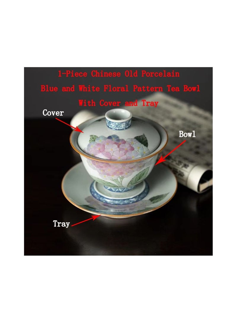 1-Piece Chinese Old Porcelain Blue and White Bowl Tea Set,Chinese Tea Bowl with Cover and Tray,Chinese Traditional Handicraft Ceramic Tea Set  - Image 1