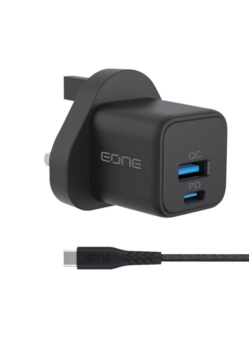 Eone 20W Fast Wall Charger – Apple Certified, Durable & Dual-Port Design A powerful 20W wall charger featuring dual outputs (PD + QC) for simultaneously charging two devices. Built to last with enhanced durability and includes an Apple-certified Type-C cable for reliable, high-speed charging. - Image 1