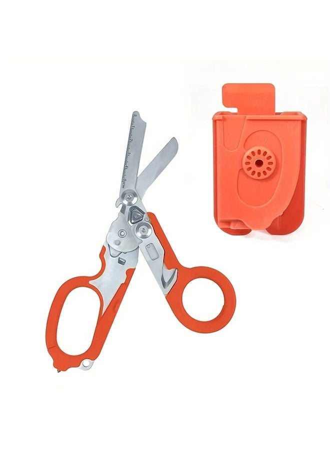 Orange 6 In 1 Multifunctional Stainless Steel Trauma Scissors With Plastic Sheath - Image 1