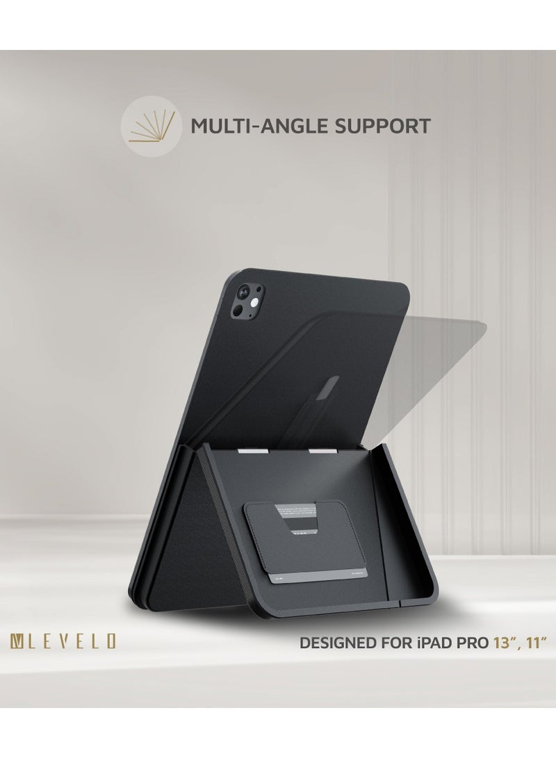 LEVELO Omni 4 In-1 iPad Case with Built-In Hand-Grip for iPad Pro 13" 2024 / Strong Magnetic Hold / Pen Slot Holder / Card Holder - Black  - Image 5