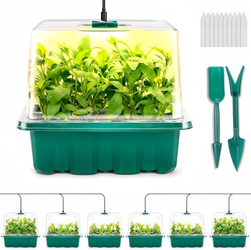 Ourhom Seed Starter Tray with Grow Light, 6pcs Seed Starter Kits with Light and Adjustable Humidity Domes, Covers Height 3.9", Indoor Seedling Starter Plant Germination Trays (Green-Warm White) - Image 1