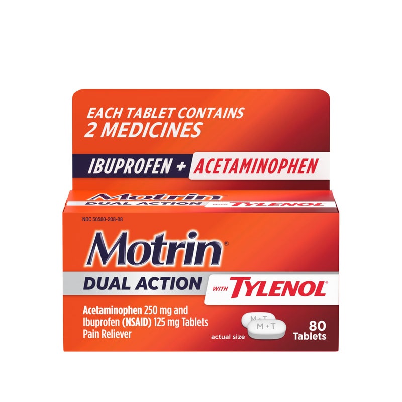Motrin Dual Action with Tylenol, Dual Action Pain Reliever with Ibuprofen & Acetaminophen, Two Medicines for Minor Aches & Pains, Ibuprofen (NSAID) 125 mg & Acetaminophen 250 mg, 80 ct - Image 1