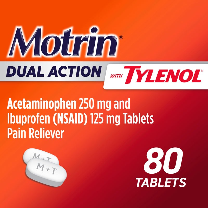 Motrin Dual Action with Tylenol, Dual Action Pain Reliever with Ibuprofen & Acetaminophen, Two Medicines for Minor Aches & Pains, Ibuprofen (NSAID) 125 mg & Acetaminophen 250 mg, 80 ct - Image 2