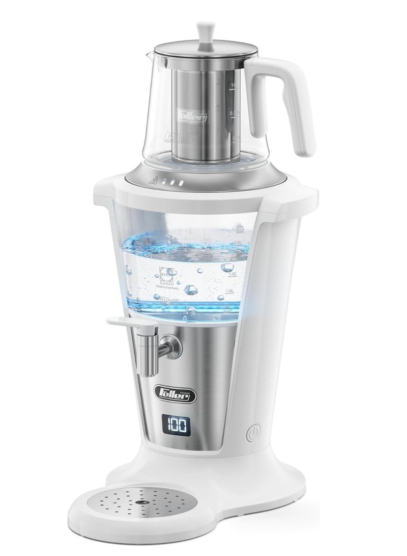 Feller Germany 2000W Electric Samovar Tea Maker, 3L Samovar + 1L Teapot, German Schott Glass, Digital Display, Anti-Drip Valve, Water Flow Stabilizer, TS390 (White) - Image 1