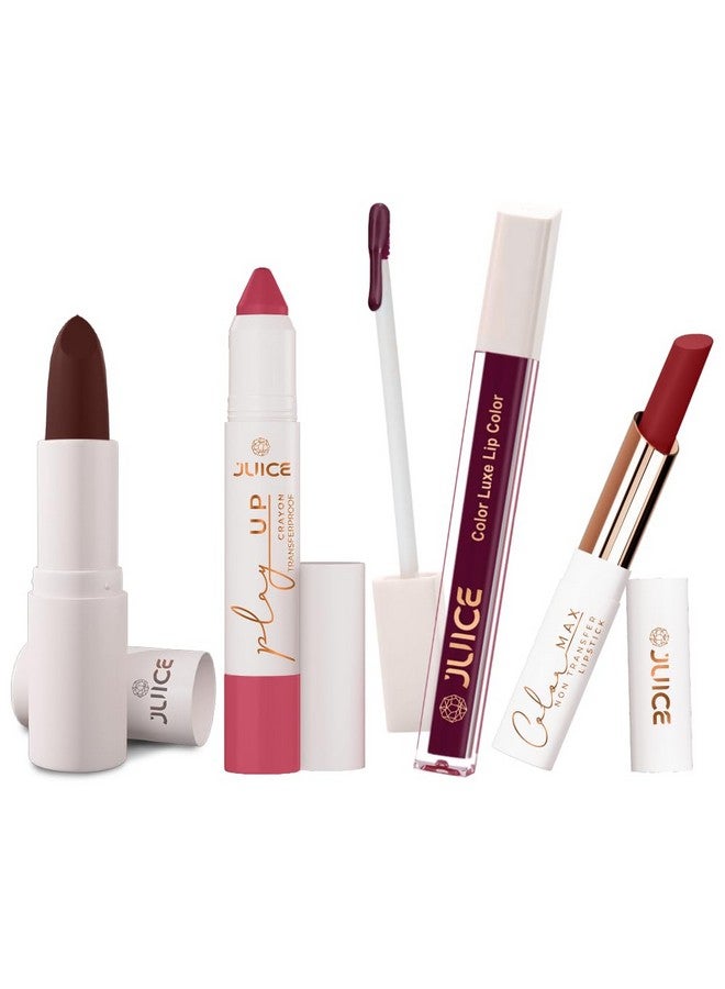 Juice Long Lasting, 4pc Lipstick Combo Set For Women(CrÃ¨me Brulee-M18 Bullet Lipstick, Coral Charm-MCR06 Play up Lip Crayon, Sultry Burgundy-M04 Liquid Lipstick, Cherry Muse-M07 Slim Stick) - Image 1