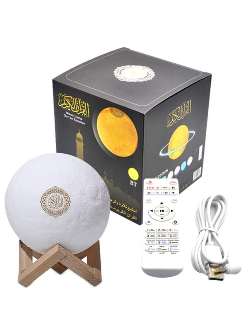 سندس مكبر صوت MP3 للقرآن الكريم ٤ في ١ مع مصباح قمري ثلاثي الأبعاد بستة عشر لونًا | مكبر صوت بلوتوث محمول | إضاءة ليلية وراديو FM | إضاءة دافئة وبيضاء (٦٫٦٩ × ٦٫١ × ٦٫٢٢ بوصة، أبيض/بني)  - Image 2
