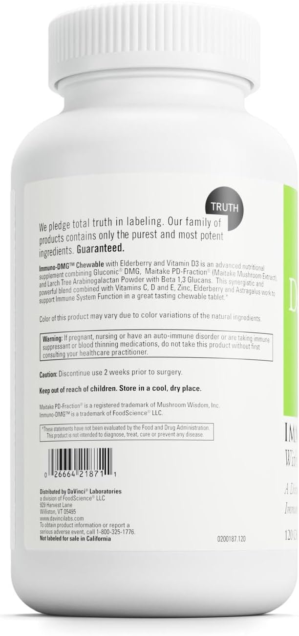 DAVINCI Labs ImmuniDMG Chewable with Elderberry and Vitamin D3  Dietary Supplement to Support Cell and Immune Health  with Vitamin C D3 E Black Elderberry DMG and More  120 Chewable Tablets - Image 3