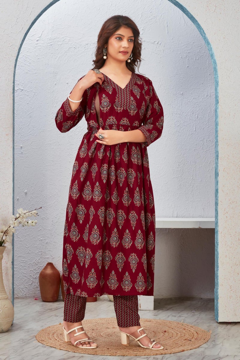 SKY FAB Women Viscose Rayon Anarkali Maternity And Feeding Zip kurti pant Set - Image 3