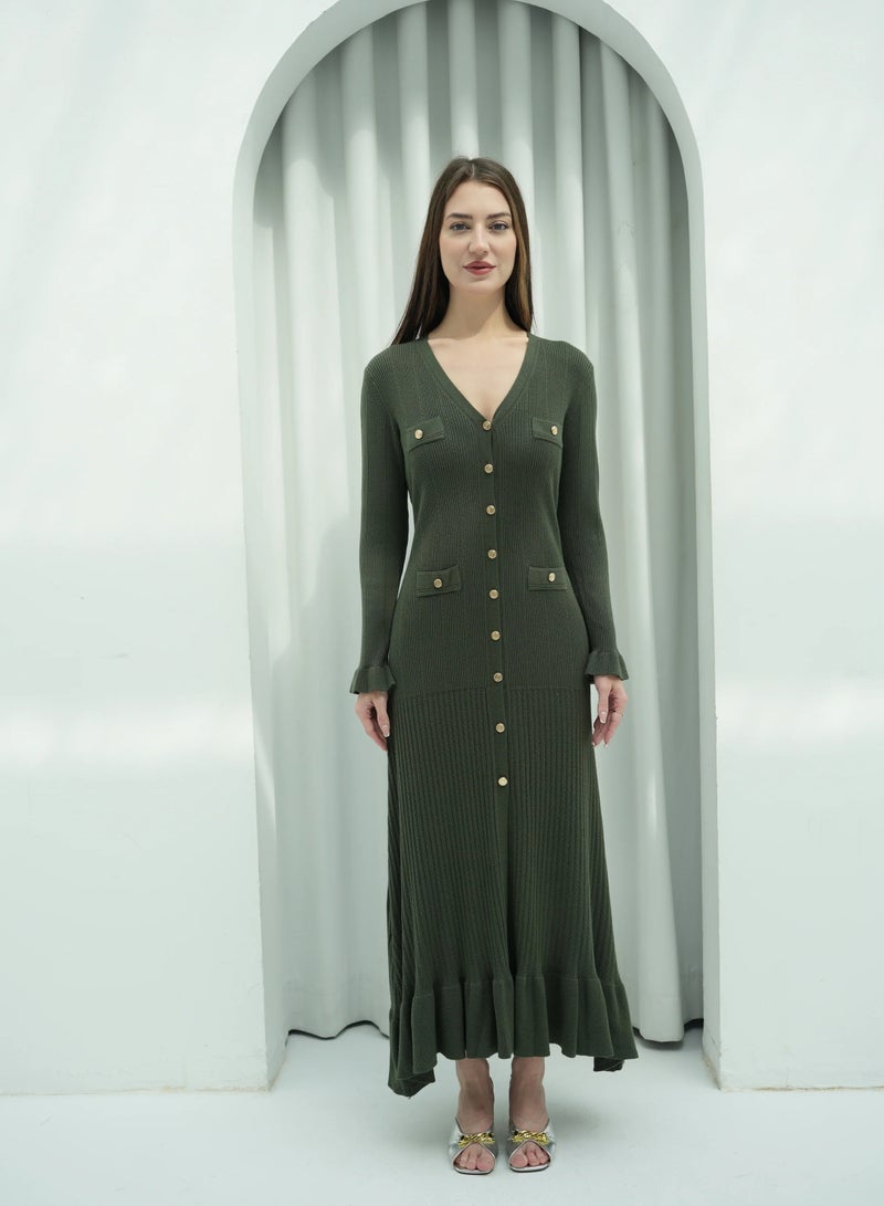Andy 2330 | Elegant Button-Down Ribbed Knit Maxi Dress with Flared Cuffs and Ruffle Hem - Stylish and Comfortable | Army Green - Image 1