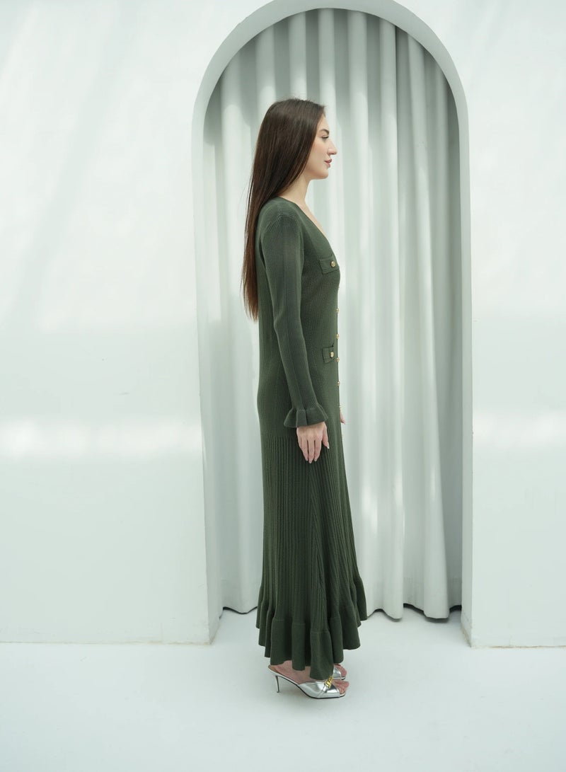 Andy 2330 | Elegant Button-Down Ribbed Knit Maxi Dress with Flared Cuffs and Ruffle Hem - Stylish and Comfortable | Army Green - Image 2