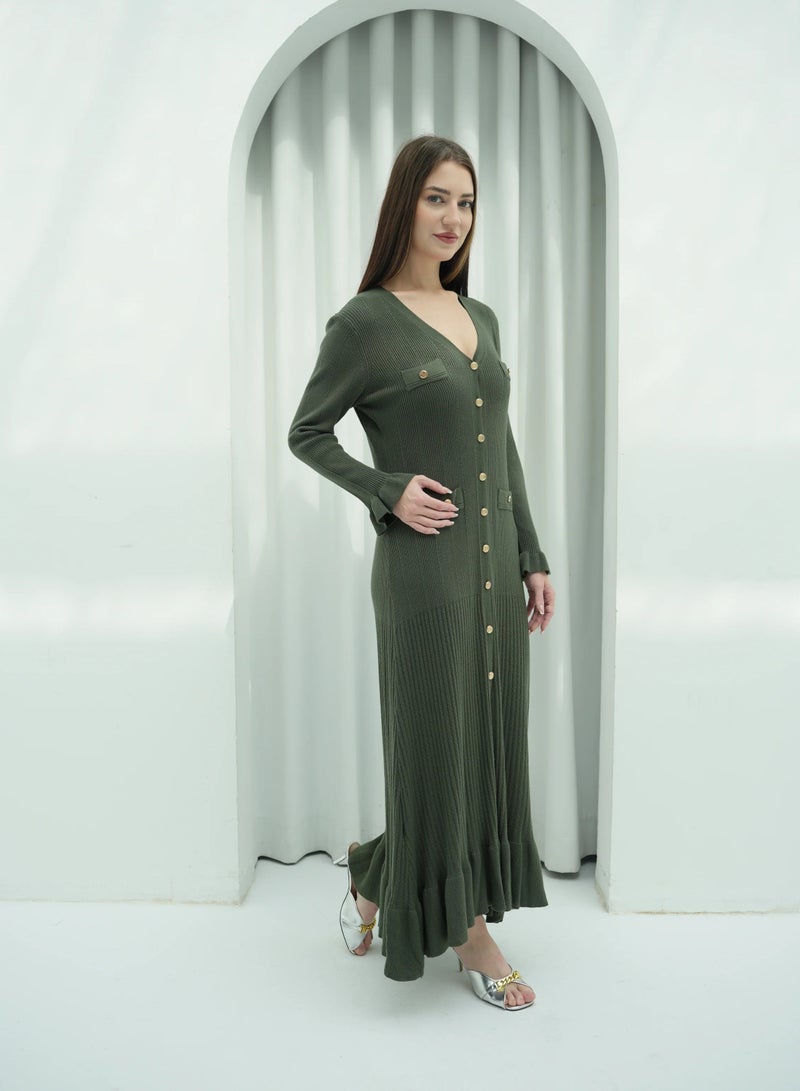 Andy 2330 | Elegant Button-Down Ribbed Knit Maxi Dress with Flared Cuffs and Ruffle Hem - Stylish and Comfortable | Army Green - Image 3