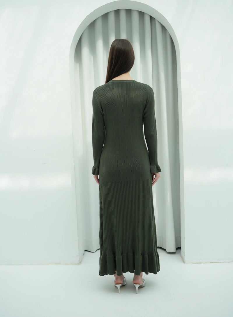 Andy 2330 | Elegant Button-Down Ribbed Knit Maxi Dress with Flared Cuffs and Ruffle Hem - Stylish and Comfortable | Army Green - Image 4