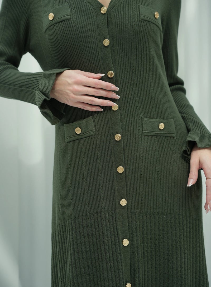 Andy 2330 | Elegant Button-Down Ribbed Knit Maxi Dress with Flared Cuffs and Ruffle Hem - Stylish and Comfortable | Army Green - Image 5