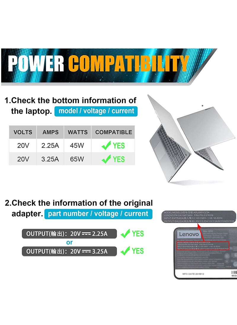 Generic - 65W 20V 3.25A Replacement AC Adapter for Lenovo Z40 Z50 Z50-70 G40 G50 G50-70 G50- ThinkPad T440 T450 T460 T470 L440 L460 L470 T540 T560 X270 X250 X240 X230 Power Supply Cord 【Yellow Square Tip】 - Image 1