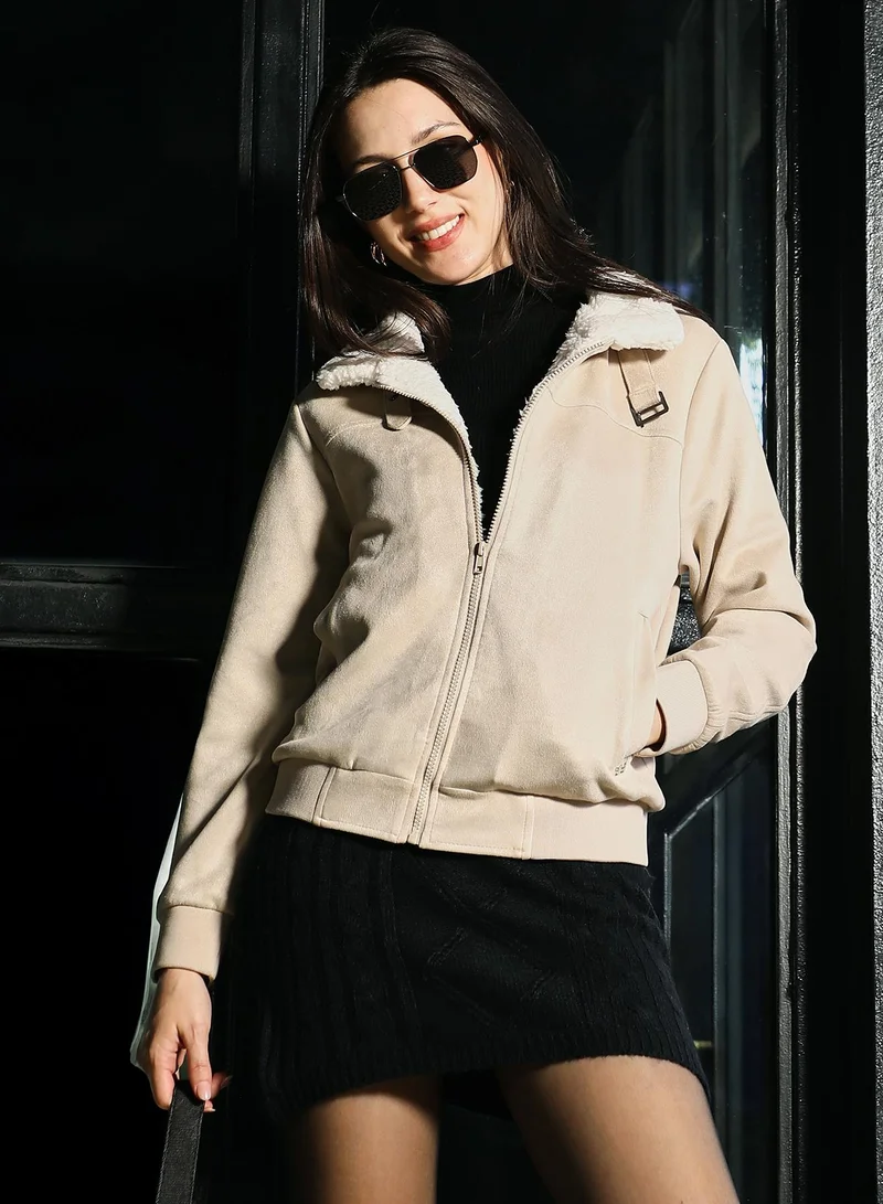 Campus Sutra Women's Contrast Sherpa-Lined Suede Bomber Jacket | Point Collar , Long Ribbed-Cuff Sleeves, Zipper  Closure | Solid Textured Woven Jacket For Casual & Daily Wear | Saltbox Beige