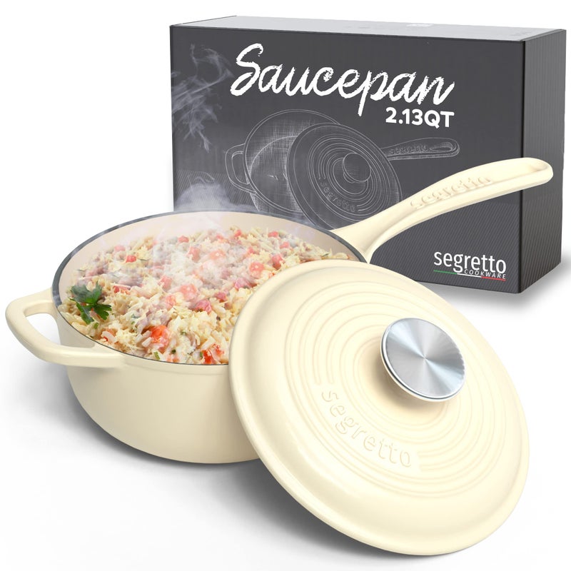 Small Sauce Pan with Lid 213 QT Bianco Perla OffWhite Sauce Pot Small Pot with Stay Cool Helper Handle and TightFitting Lid Segretto Cookware