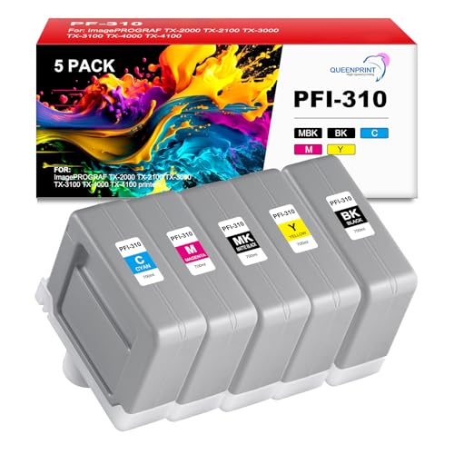 QUEENPRINT High speed printing QUEENPRINT PFI-310 Ink Tank Replacement for PFI310 PFI-310MBK PFI-310BK PFI-310C PFI-310M PFI-310Y Ink Cartridge for ImagePROGRAF TX-2000 TX-3000 TX-4000 Printer, 5-Pack - Image 1