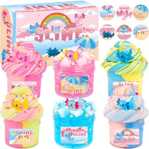 WUJYLY 6 Pack Axolotl Slime Kit Cloud Butter Clear Christmas Slime Party Favors for Kids with Axolotl Charms Soft and Stretchy Slime for Girls Boys Classroom Rewards Birthday Gifts - Image 1