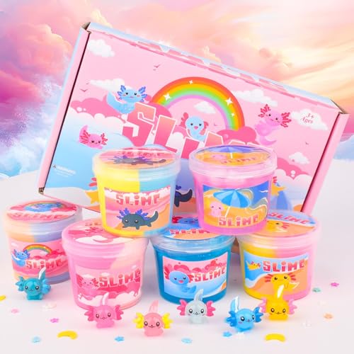 WUJYLY 6 Pack Axolotl Slime Kit Cloud Butter Clear Christmas Slime Party Favors for Kids with Axolotl Charms Soft and Stretchy Slime for Girls Boys Classroom Rewards Birthday Gifts - Image 5